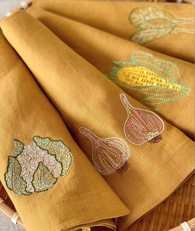 Veggies Embroidered Linen Napkins in Ochre - Set of 4 Main Image